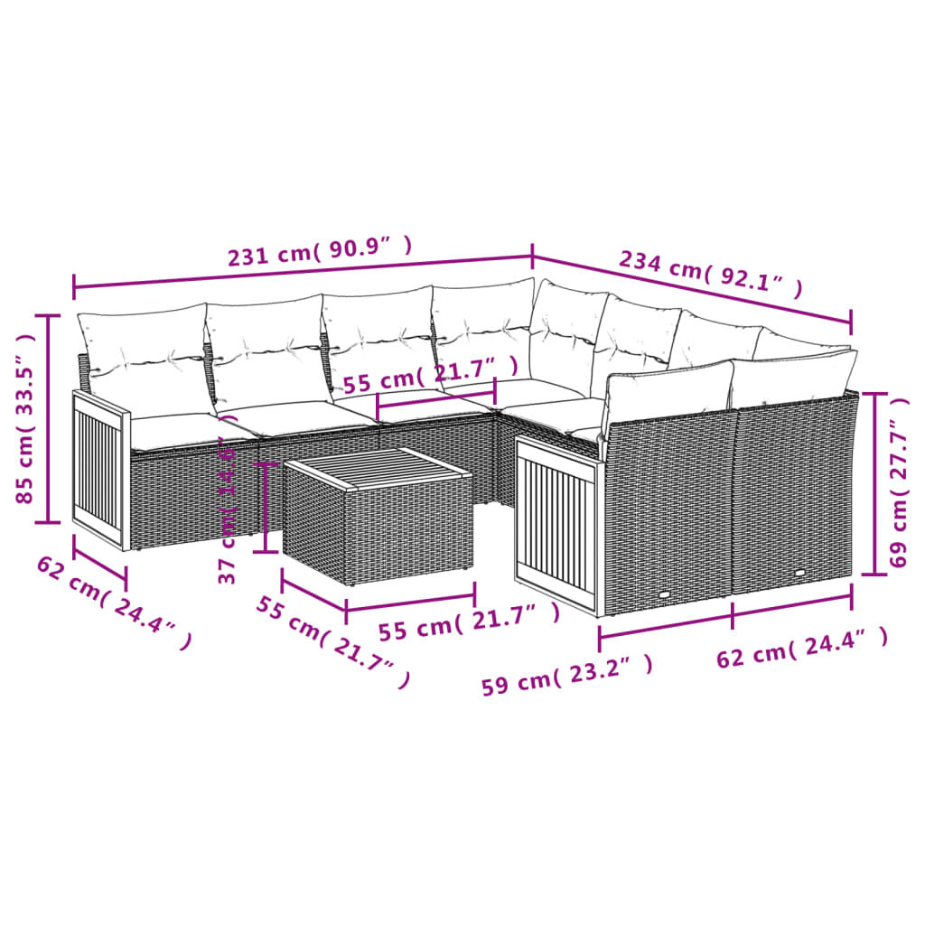 Set Divano da Giardino 9 pz con Cuscini Beige in Polyrattan 3259909