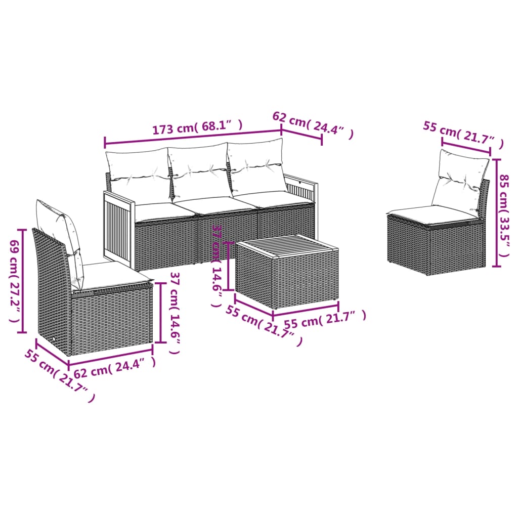 Set Divano da Giardino 6 pz con Cuscini Nero in Polyrattancod mxl 89329