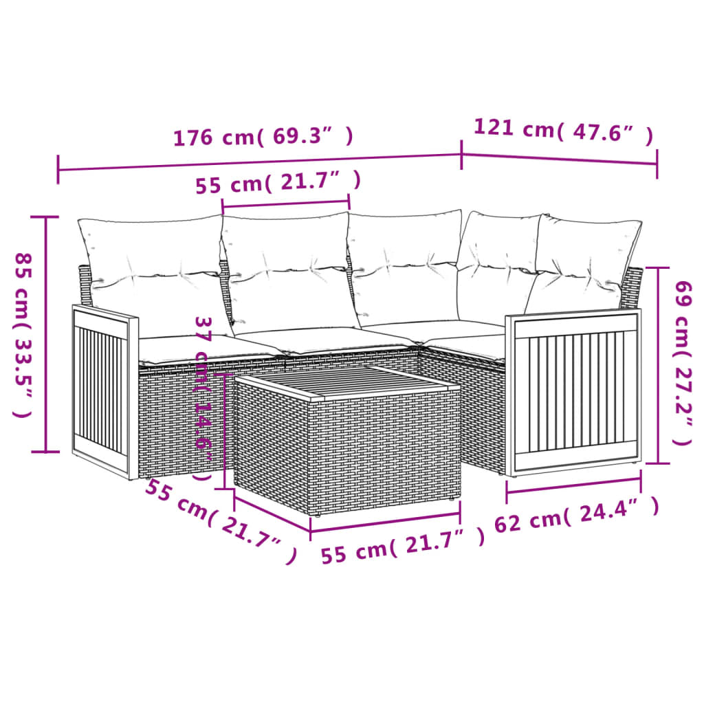 Set Divano da Giardino 5 pz con Cuscini Grigio in Polyrattan 3260023