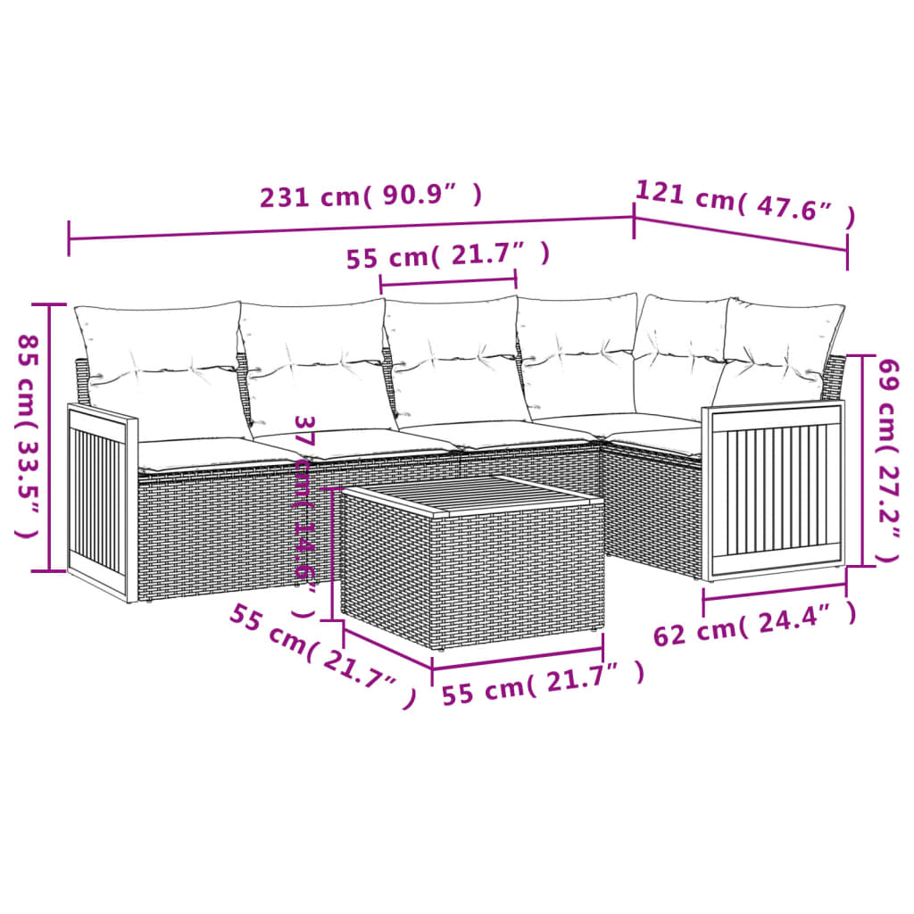 Set Divano da Giardino 6 pz con Cuscini Beige in Polyrattan 3260035