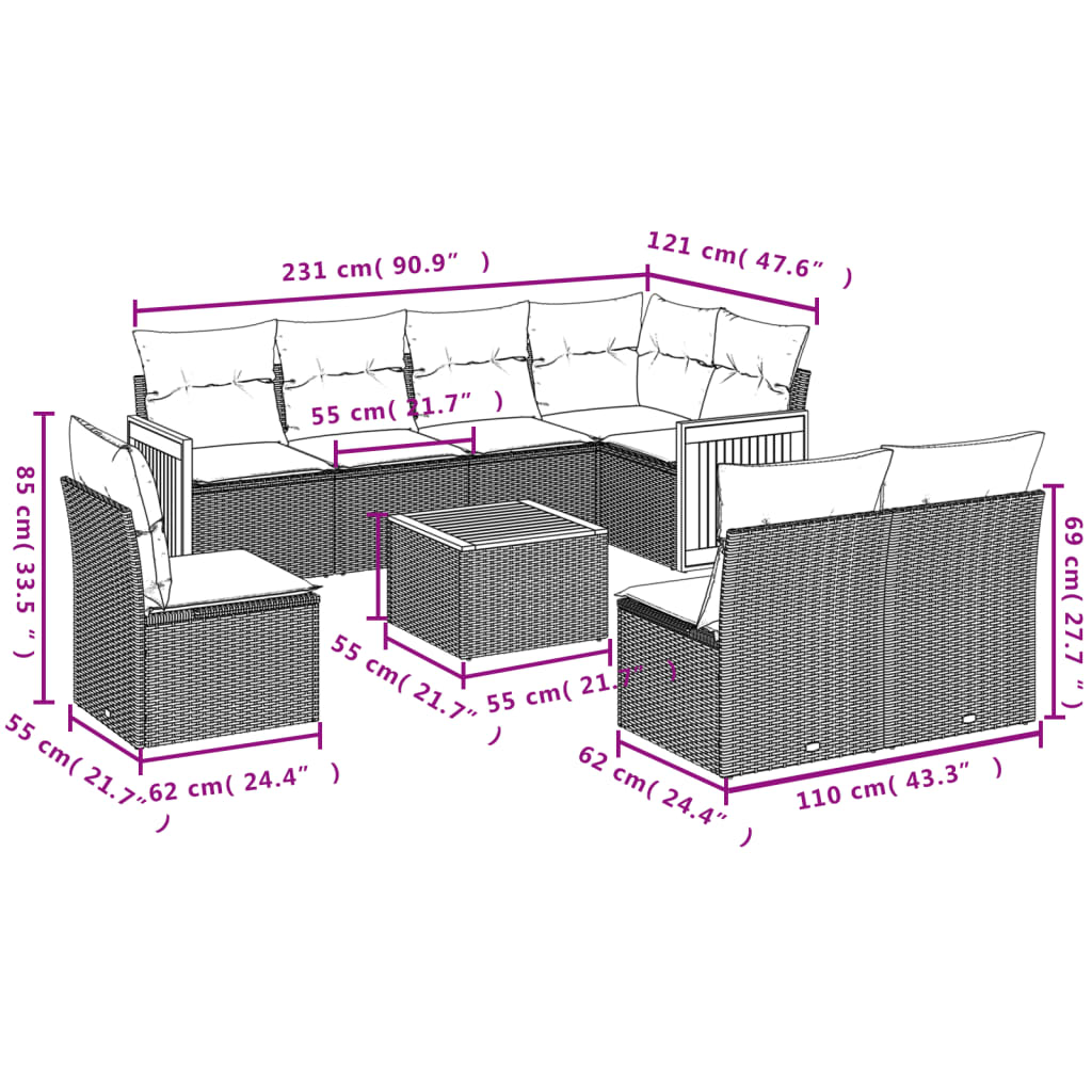 Set Divani da Giardino 9 pz con Cuscini Nero in Polyrattan 3260131