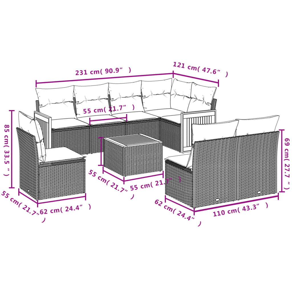 Set Divano da Giardino 9 pz con Cuscini Grigio in Polyrattan 3260135