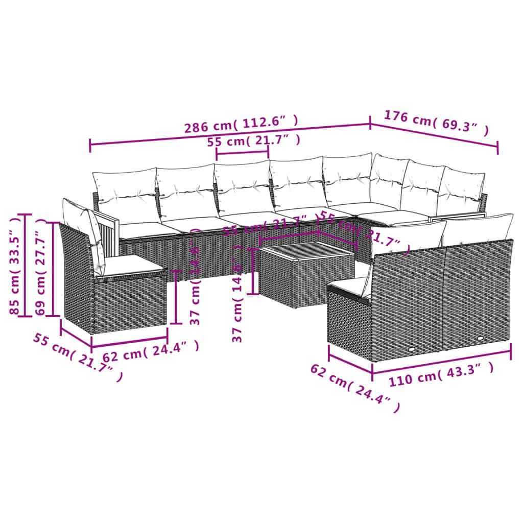 Set Divani da Giardino 11 pz con Cuscini in Polyrattan Grigiocod mxl 88804