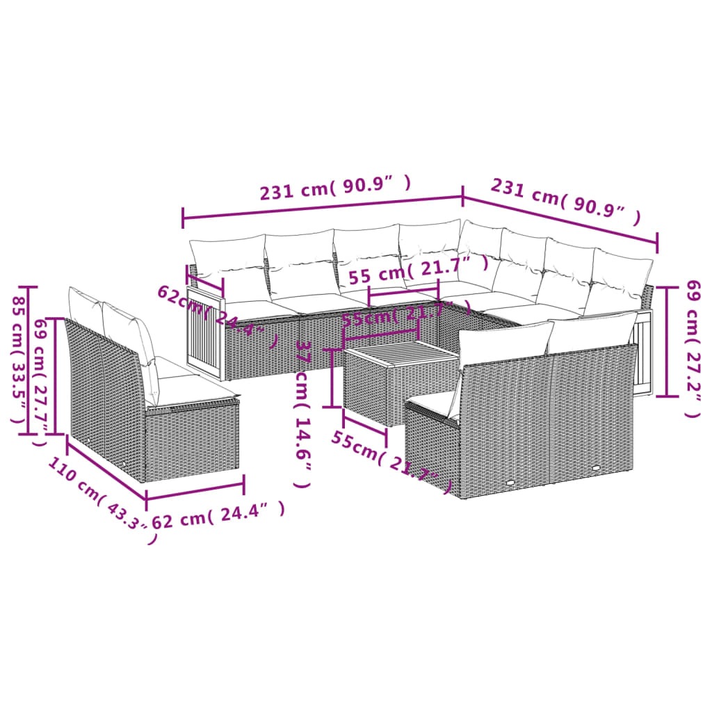 Set Divani da Giardino 12 pz con Cuscini Nero in Polyrattan 3260173