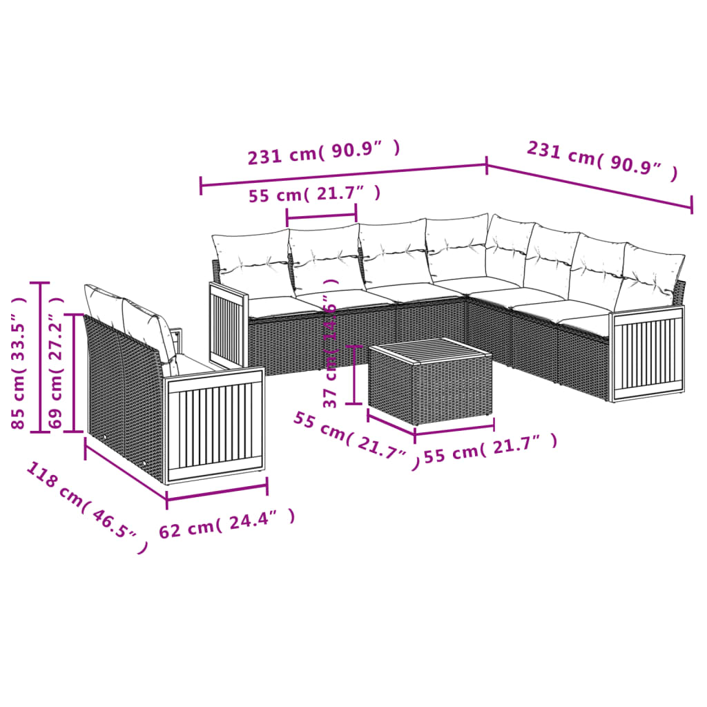 Set Divani da Giardino 10pz con Cuscini in Polyrattan Nero 3260186