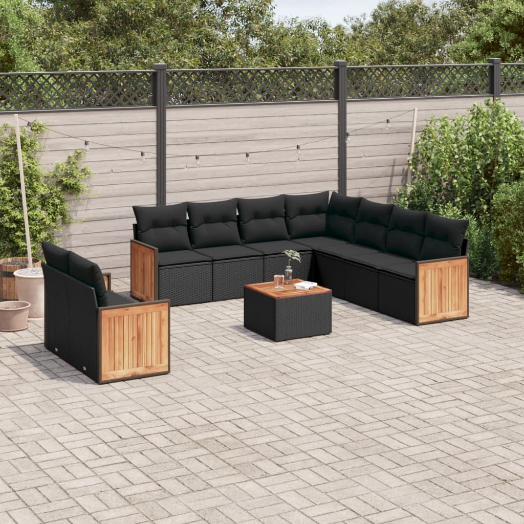 Set Divani da Giardino 10pz con Cuscini in Polyrattan Nero 3260186