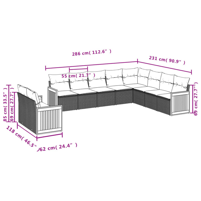 Set Divani da Giardino 10pz con Cuscini in Polyrattan Nero 3260194