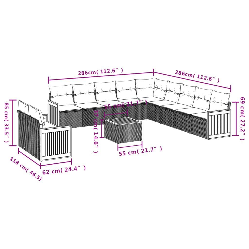 Set Divani da Giardino 12 pz con Cuscini Grigio in Polyrattan 3260219