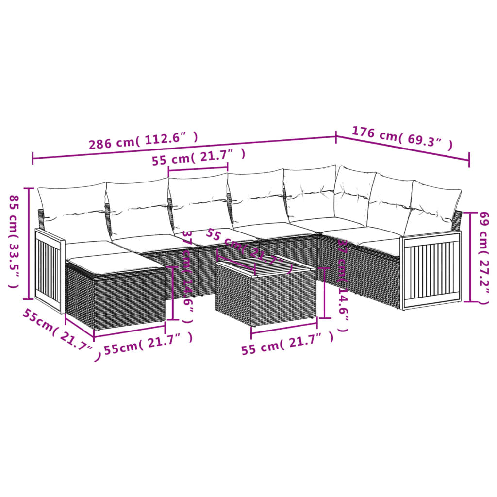 Set Divano da Giardino 9 pz con Cuscini Beige in Polyrattan 3260337