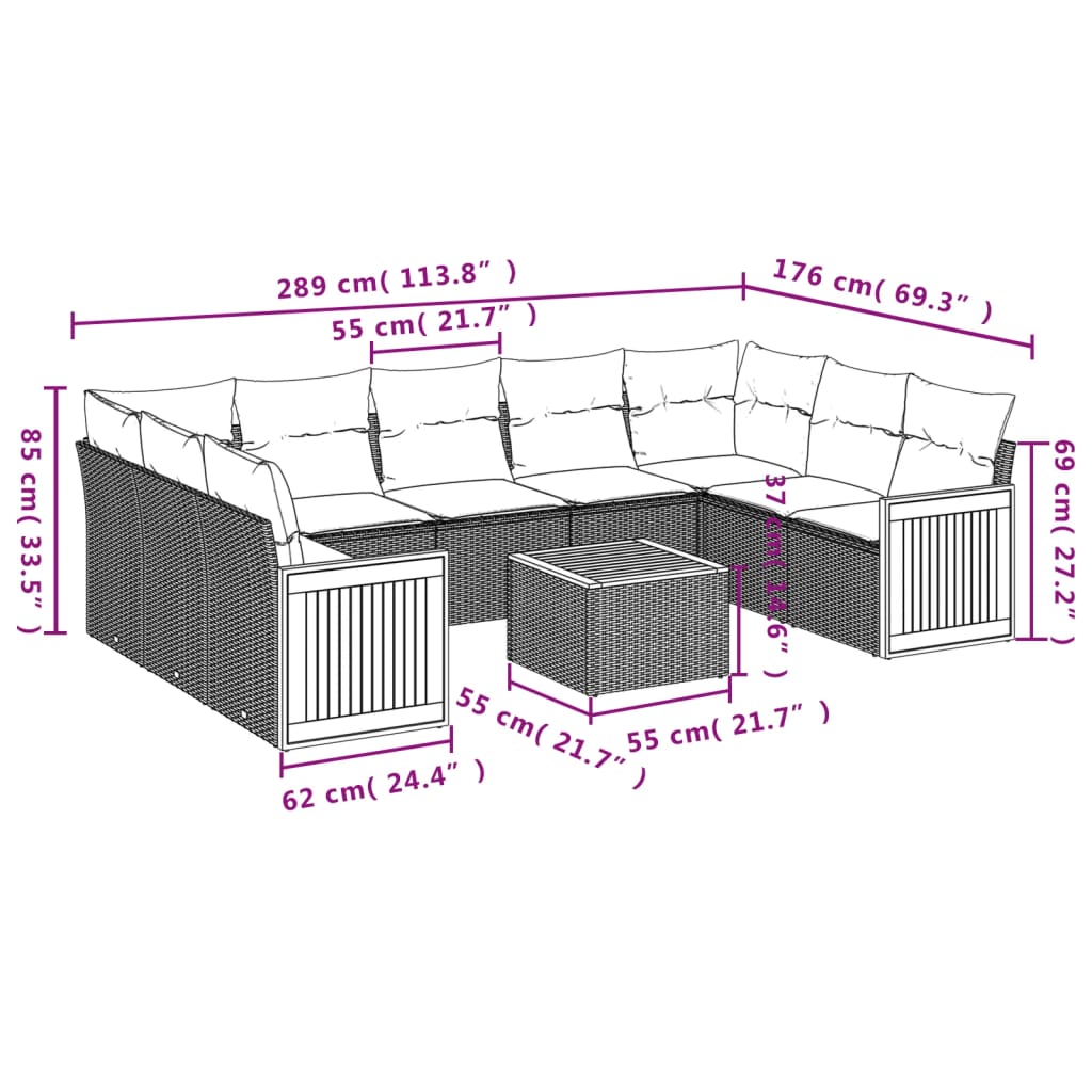 Set Divani da Giardino 10pz con Cuscini in Polyrattan Nero 3260361