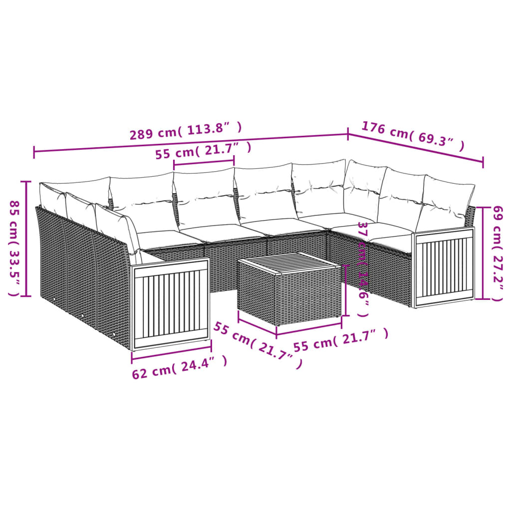 Set Divano da Giardino 10 pz con Cuscini Grigio in Polyrattan 3260366