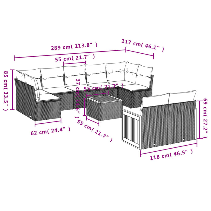 Set Divani da Giardino 10pz con Cuscini in Polyrattan Nerocod mxl 92163