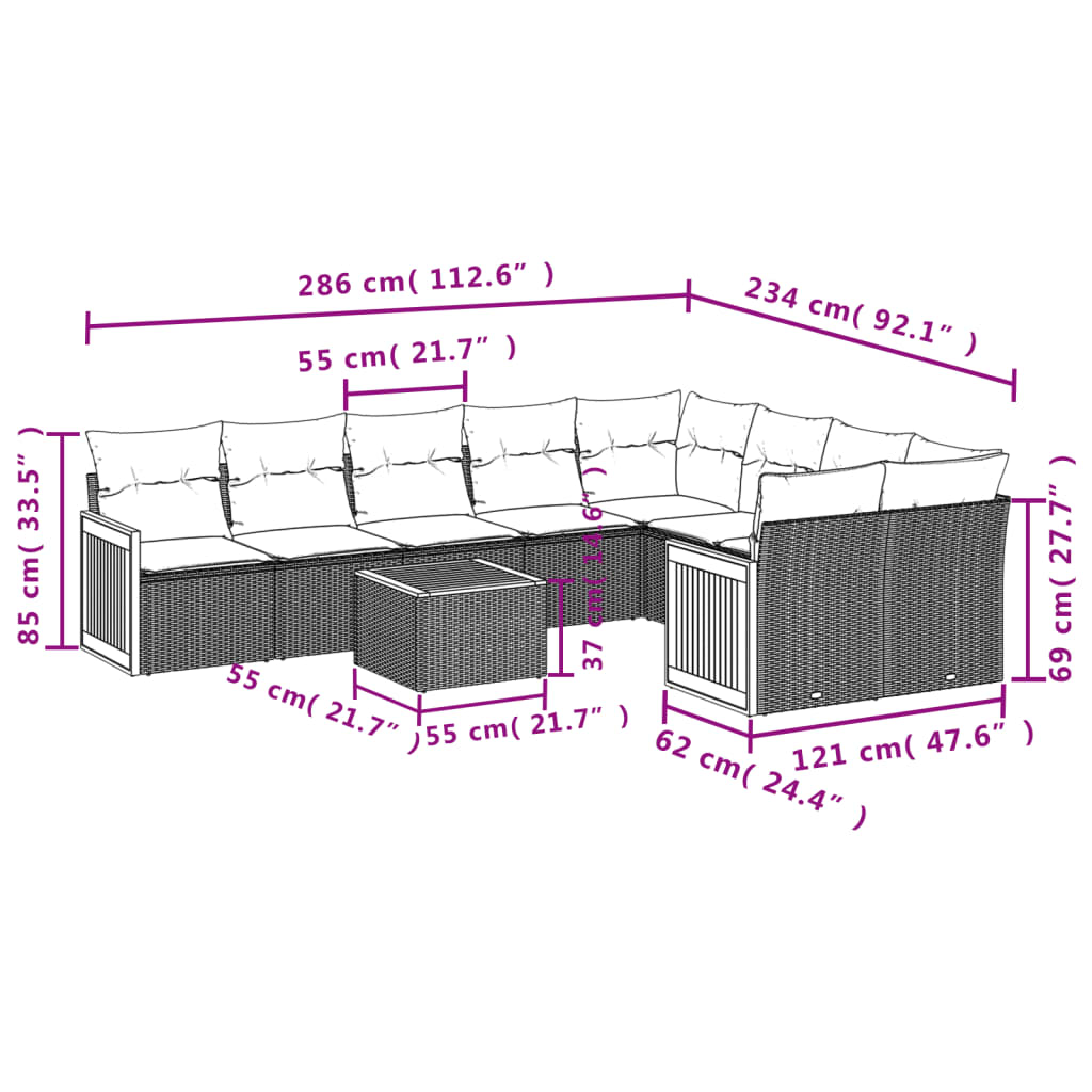 Set Divano da Giardino 10 pz con Cuscini Grigio in Polyrattan 3260394