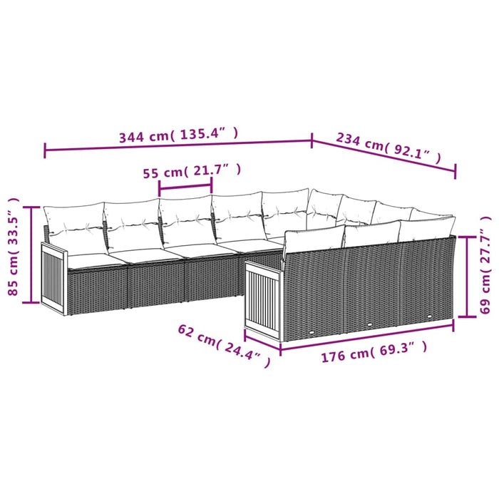 Set Divani da Giardino 10pz con Cuscini in Polyrattan Nerocod mxl 89035