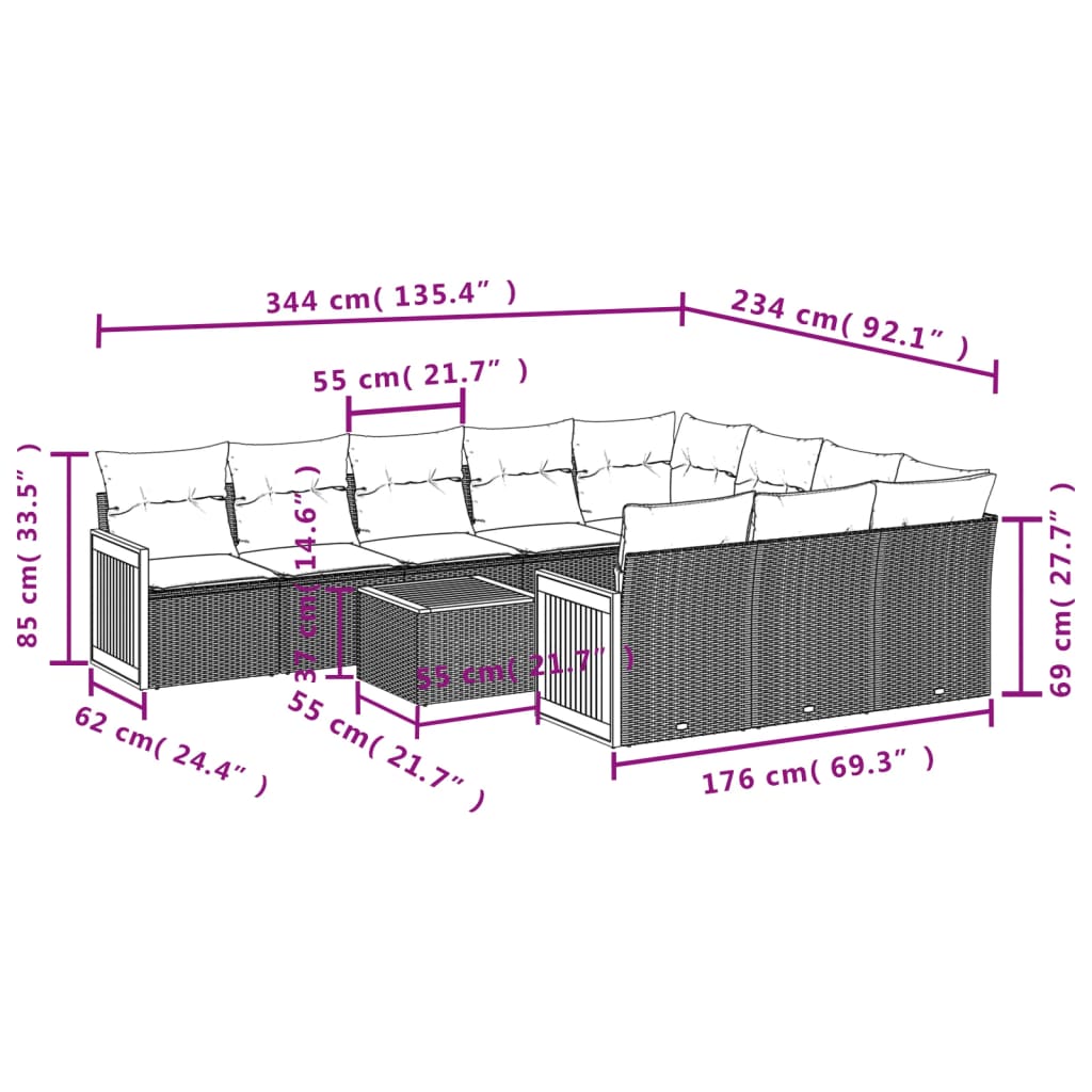 Set Divani da Giardino 11 pz con Cuscini in Polyrattan Nero 3260424