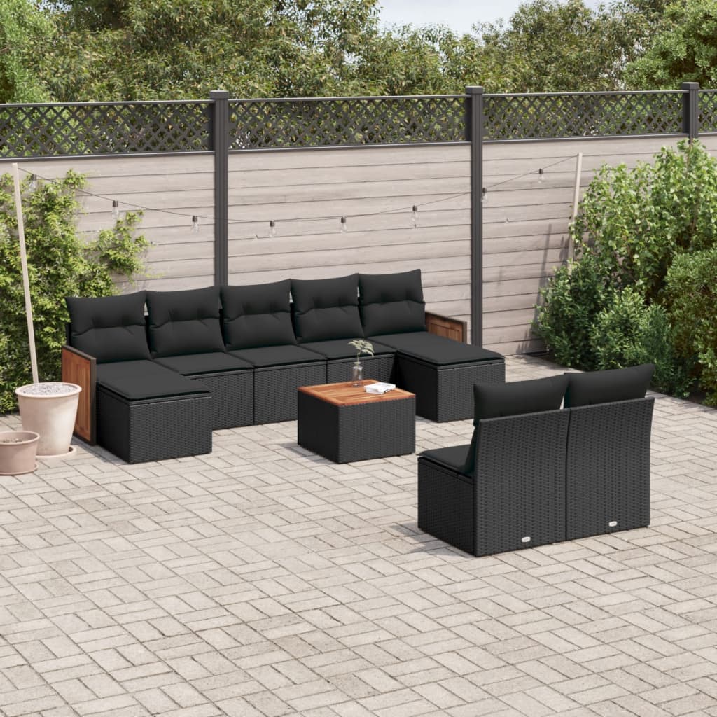 Set Divani da Giardino 10pz con Cuscini in Polyrattan Nero 3260459