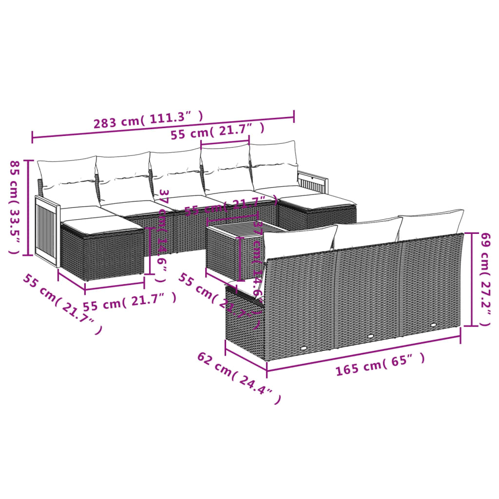 Set Divani da Giardino 11 pz con Cuscini in Polyrattan Nero 3260473