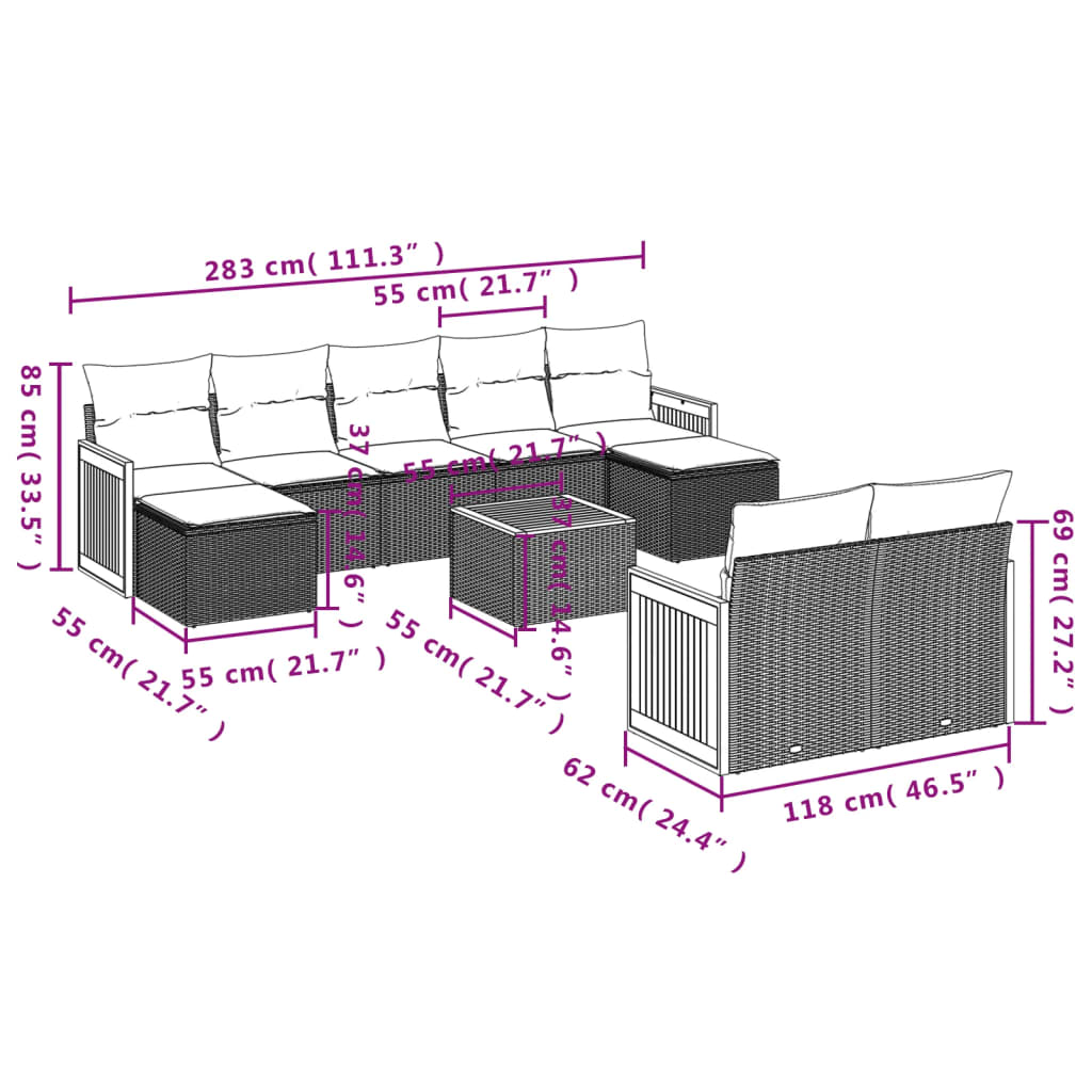 Set Divani da Giardino 10pz con Cuscini in Polyrattan Nerocod mxl 88144