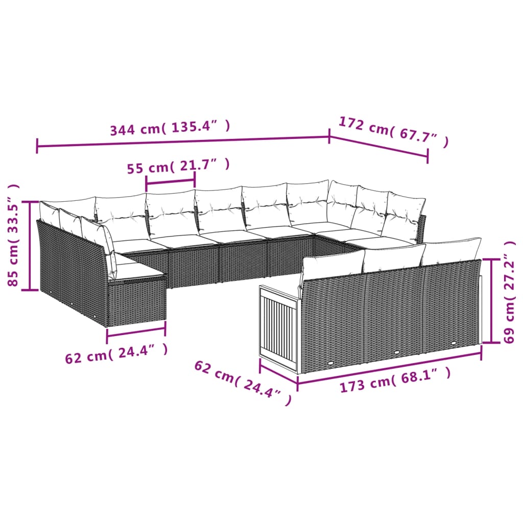 Set Divani da Giardino 13pz con Cuscini Nero in Polyrattan 3260536