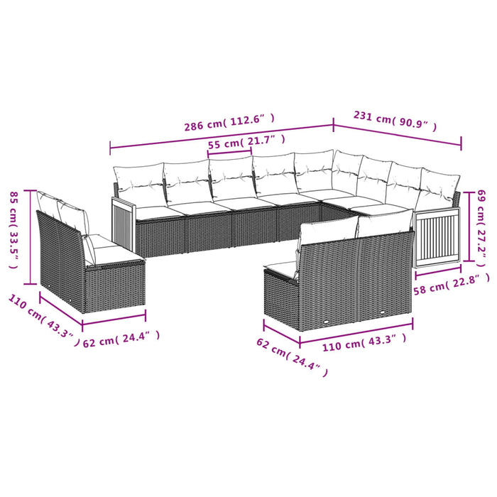 Set Divani da Giardino 12 pz con Cuscini Nero in Polyrattan 3260551