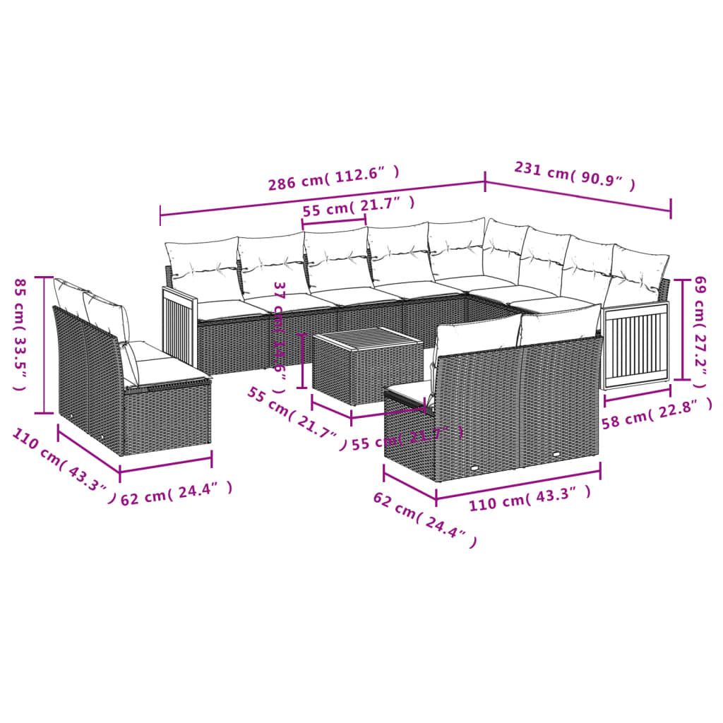 Set Divani da Giardino 13pz con Cuscini Nero in Polyrattan 3260557