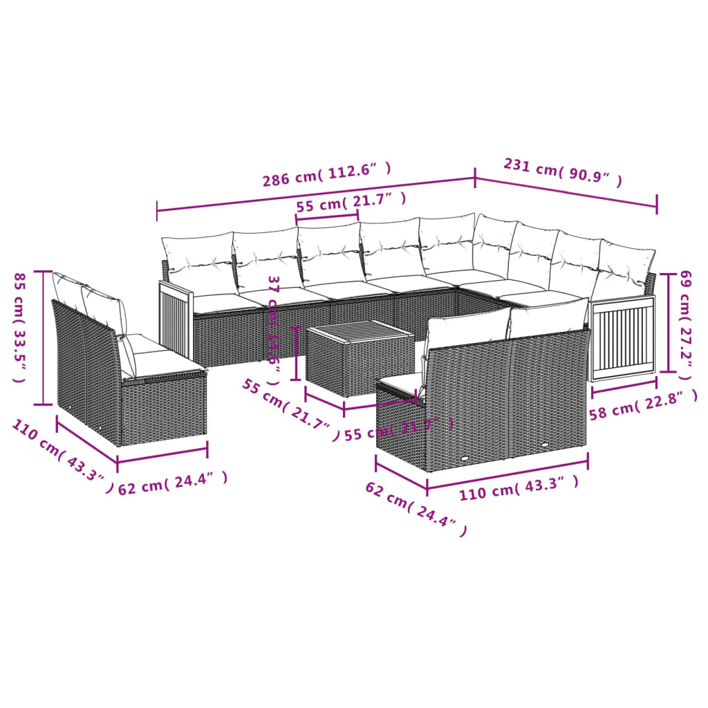 Set Divano da Giardino 13 pz con Cuscini Beige in Polyrattan 3260561