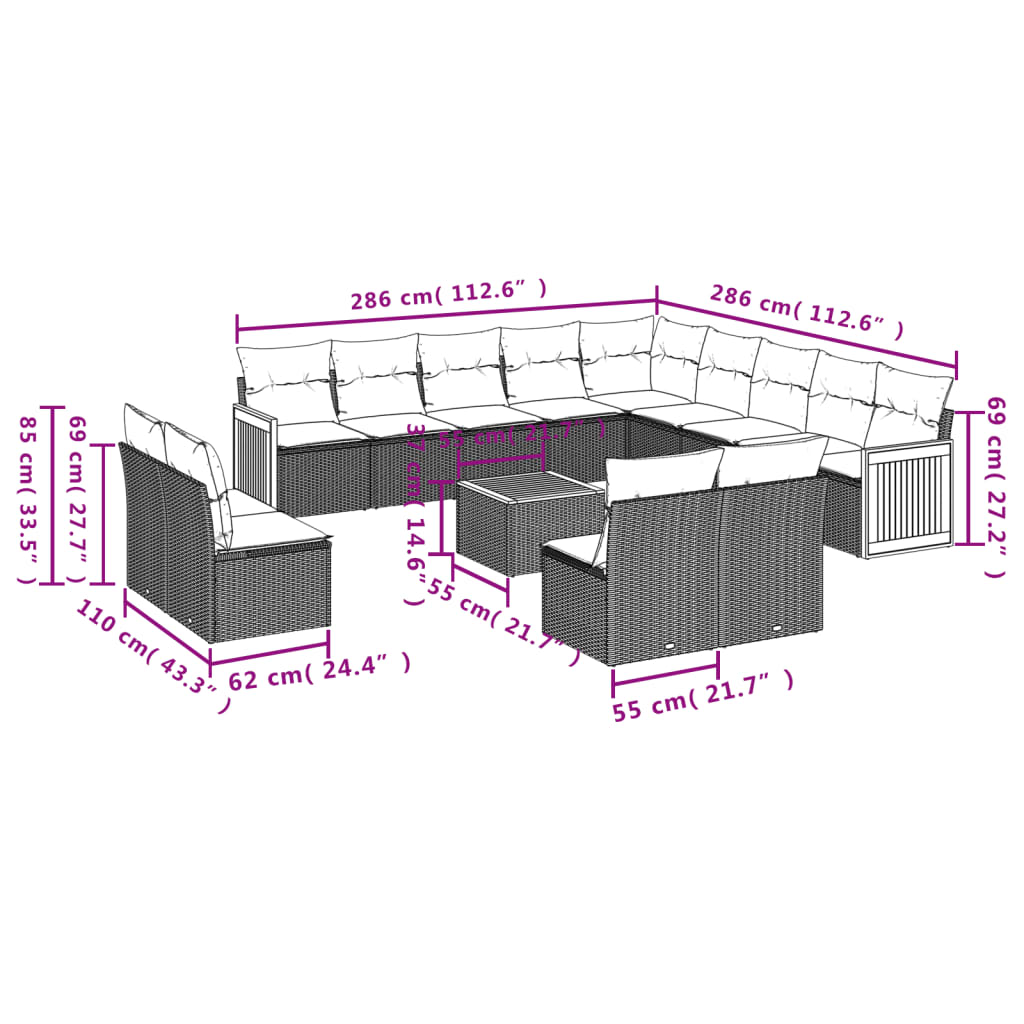 Set Divani da Giardino 14pz con Cuscini in Polyrattan Beigecod mxl 88551