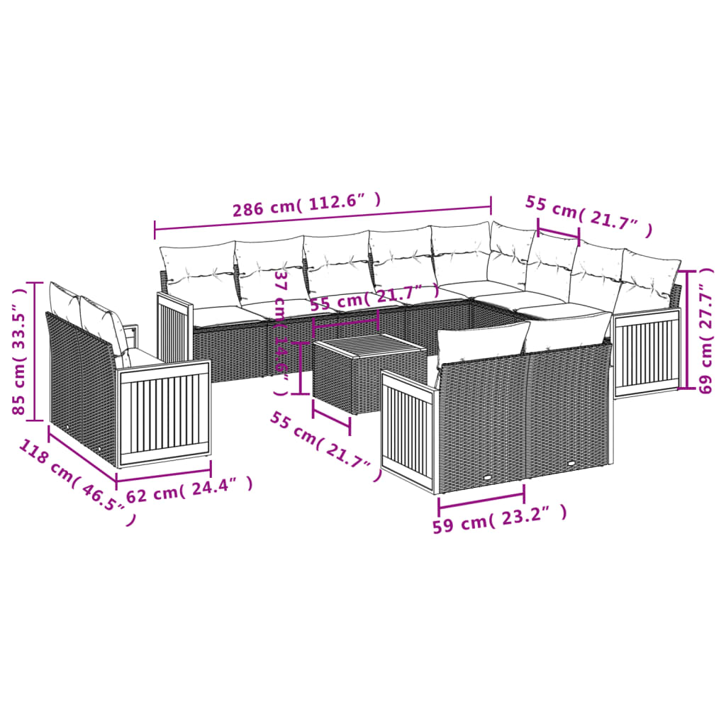 Set Divani da Giardino 13 pz con Cuscini Grigio in Polyrattan 3260604