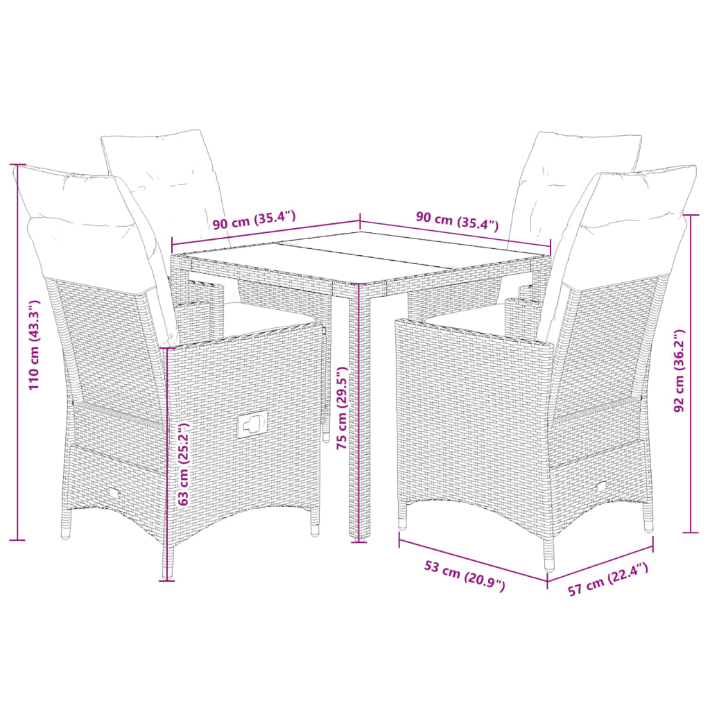 Set da Pranzo da Giardino 5 pz Nero con Cuscini in Polyrattan 3276680