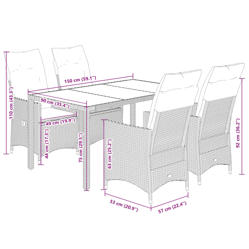 Set da Pranzo da Giardino 5 pz Nero con Cuscini in Polyrattan 3276694