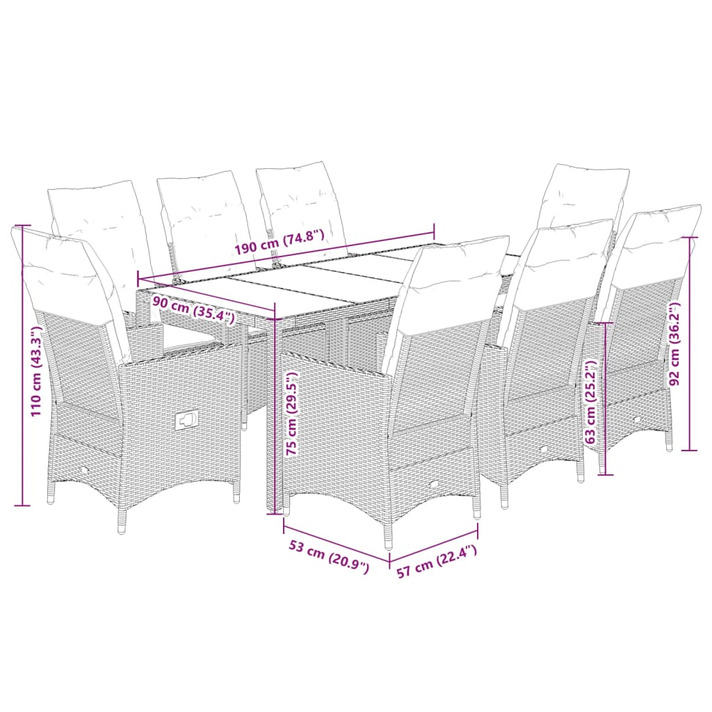 Set da Pranzo da Giardino 9 pz con Cuscini in Polyrattan Grigio 3276730