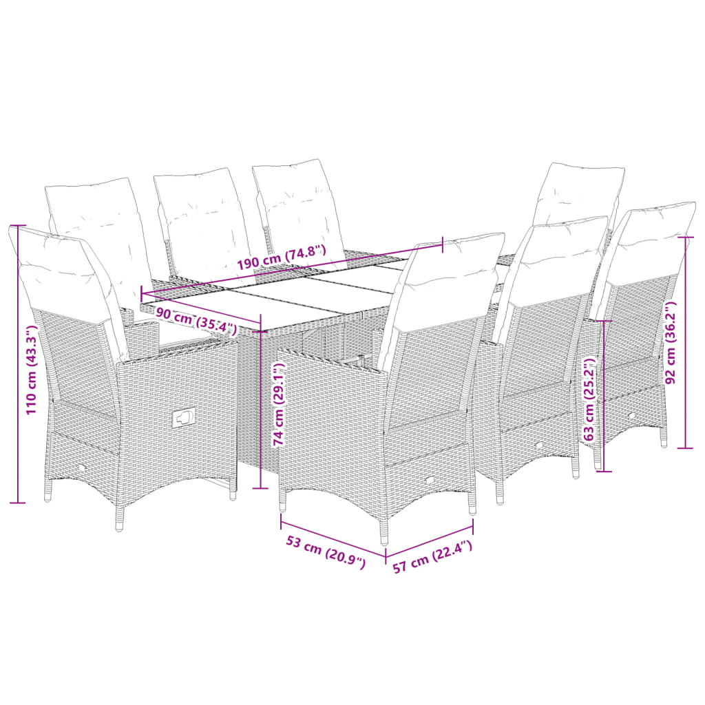 Set da Pranzo da Giardino 9 pz con Cuscini in Polyrattan Grigio 3276734