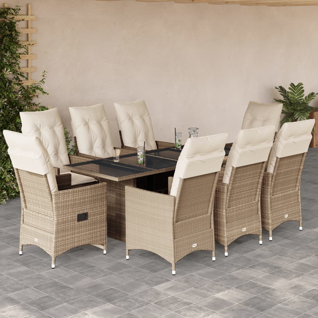 Set da Pranzo da Giardino 9 pz con Cuscini Beige in Polyrattan 3276810