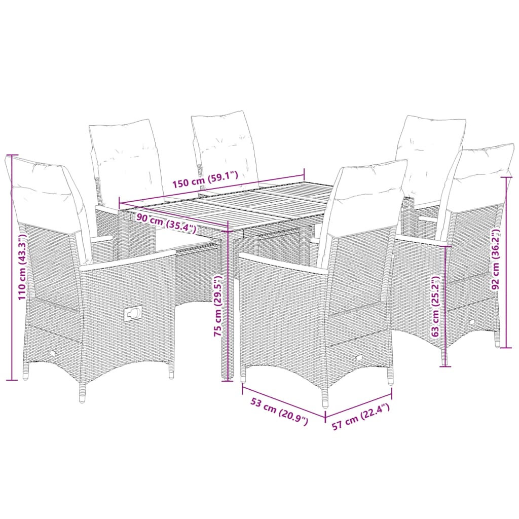 Set da Pranzo da Giardino 7 pz Nero con Cuscini in Polyrattan 3276835