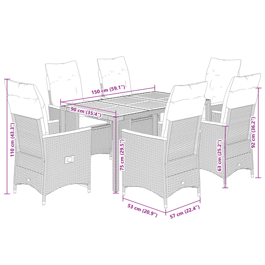 Set da Pranzo da Giardino 7 pz Nero con Cuscini in Polyrattan 3276836