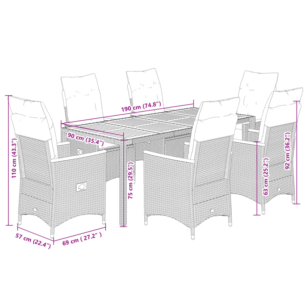 Set da Pranzo da Giardino 7 pz Nero con Cuscini in Polyrattan 3276837