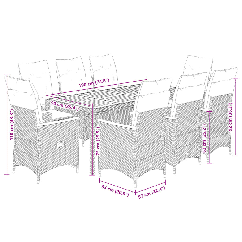 Set da Pranzo da Giardino 9 pz con Cuscini Nero in Polyrattan 3276839