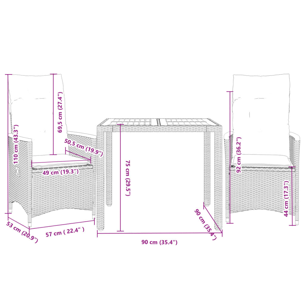 Set da Bistrò 3 pz con Cuscini Grigio in Polyrattan 3276843