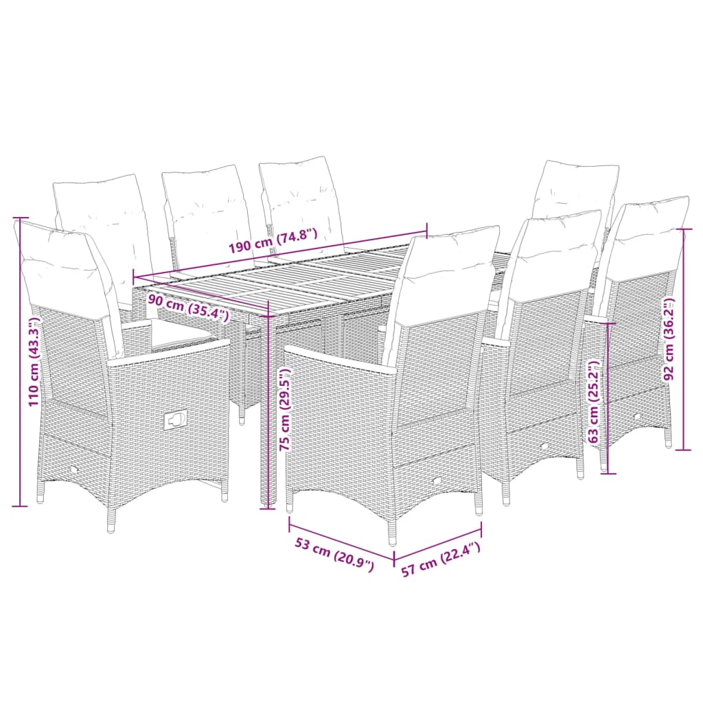 Set da Pranzo da Giardino 9 pz con Cuscini in Polyrattan Grigio 3276851