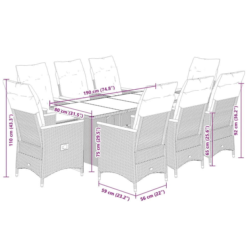 Set da Pranzo da Giardino 7 pz Nero con Cuscini in Polyrattan 3276861