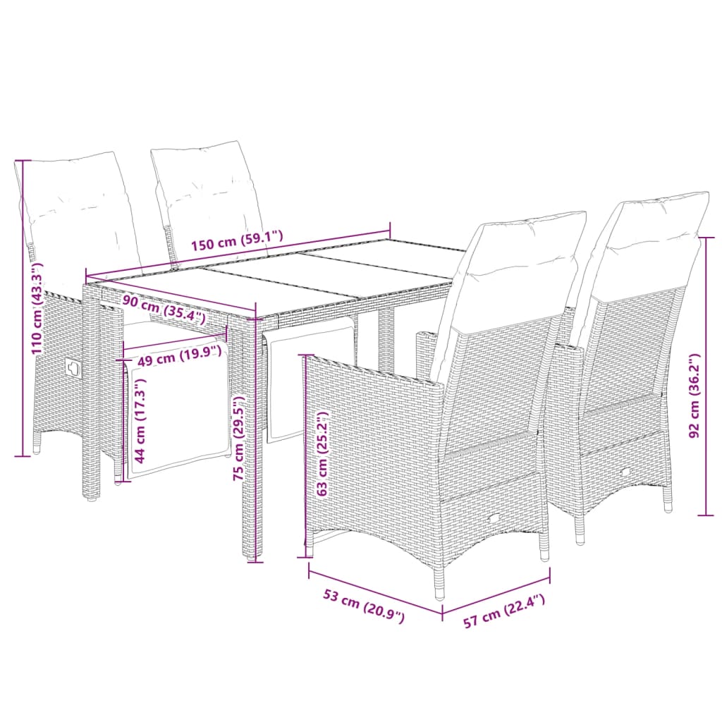 Set da Pranzo da Giardino 5 pz Nero con Cuscini in Polyrattan 3276865