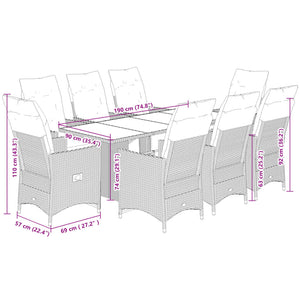 Set da Pranzo da Giardino 9 pz con Cuscini Nero in Polyrattan 3276870