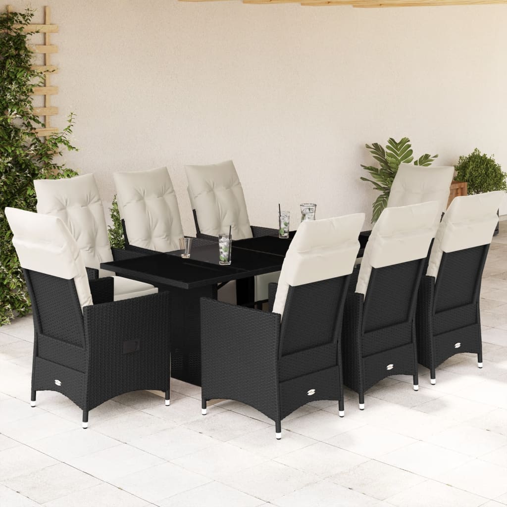 Set da Pranzo da Giardino 9 pz con Cuscini Nero in Polyrattan 3276870