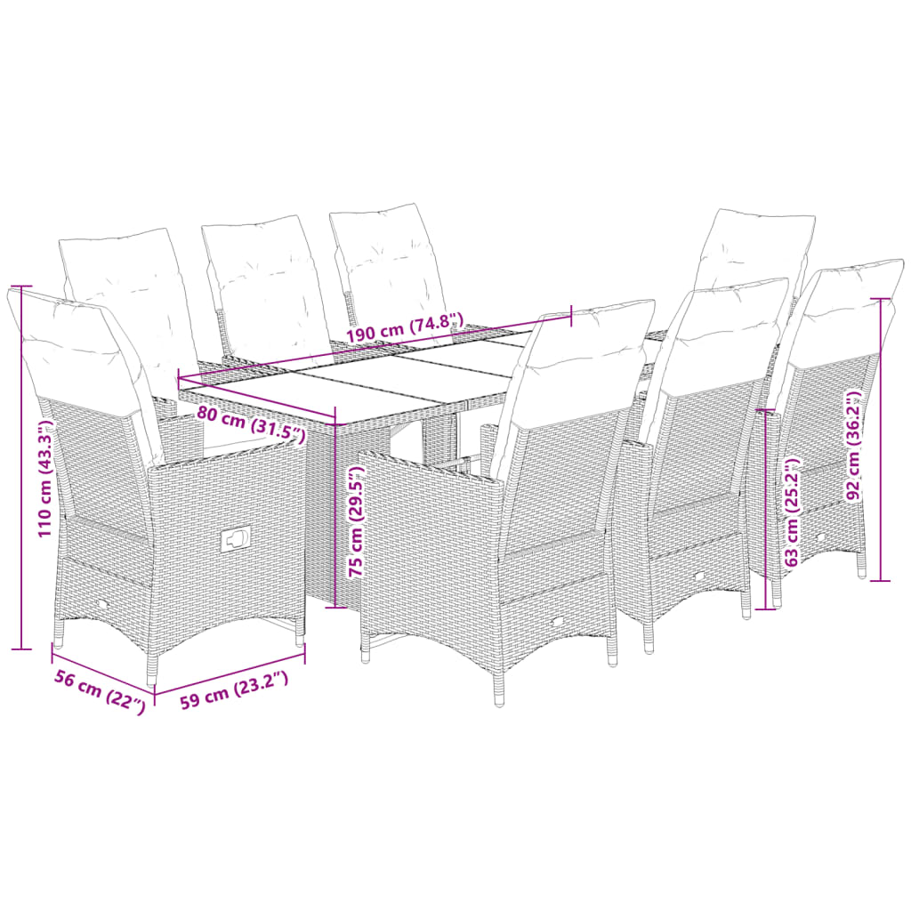 Set Bistrò da Giardino 9 pz con Cuscini in Polyrattan Grigio 3276892