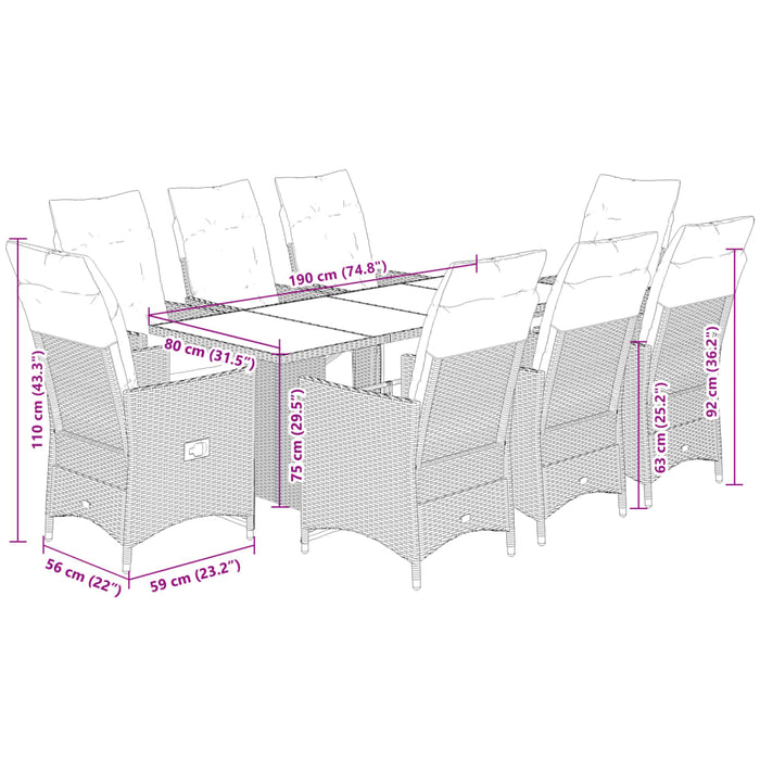 Set Bistrò da Giardino 9 pz con Cuscini in Polyrattan Grigio 3276892