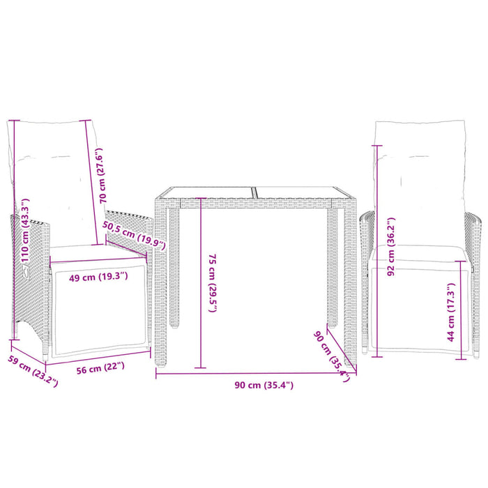 Set Bistrò da Giardino 3 pz con Cuscini in Polyrattan Grigio 3276893