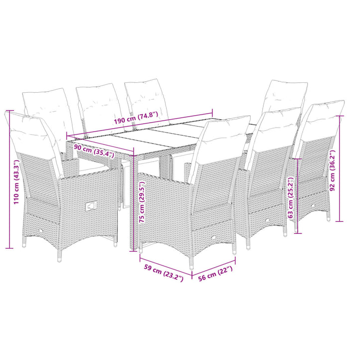 Set Bistrò da Giardino 9 pz con Cuscini in Polyrattan Grigio 3276898