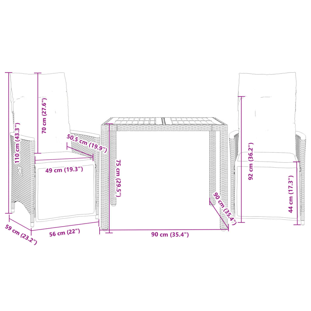 Set Bistrò da Giardino 3 pz con Cuscini in Polyrattan Nero 3276959