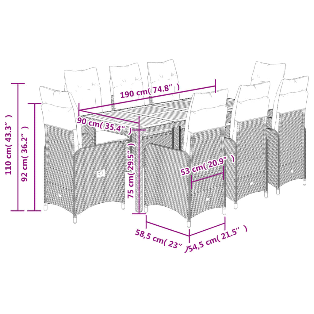 Set Bistrò da Giardino 9 pz con Cuscini in Polyrattan Grigio 3277026