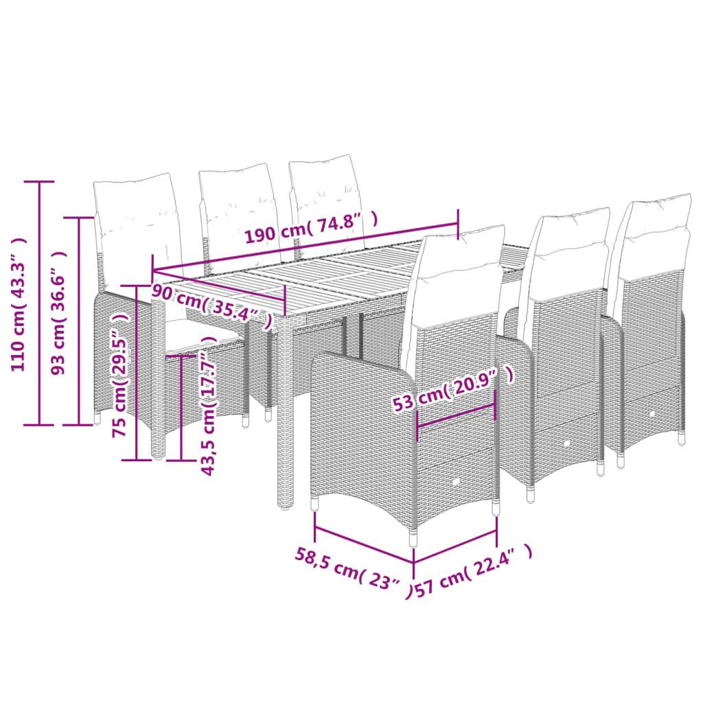 Set Bistrò da Giardino 9 pz con Cuscini in Polyrattan Grigio 3277027